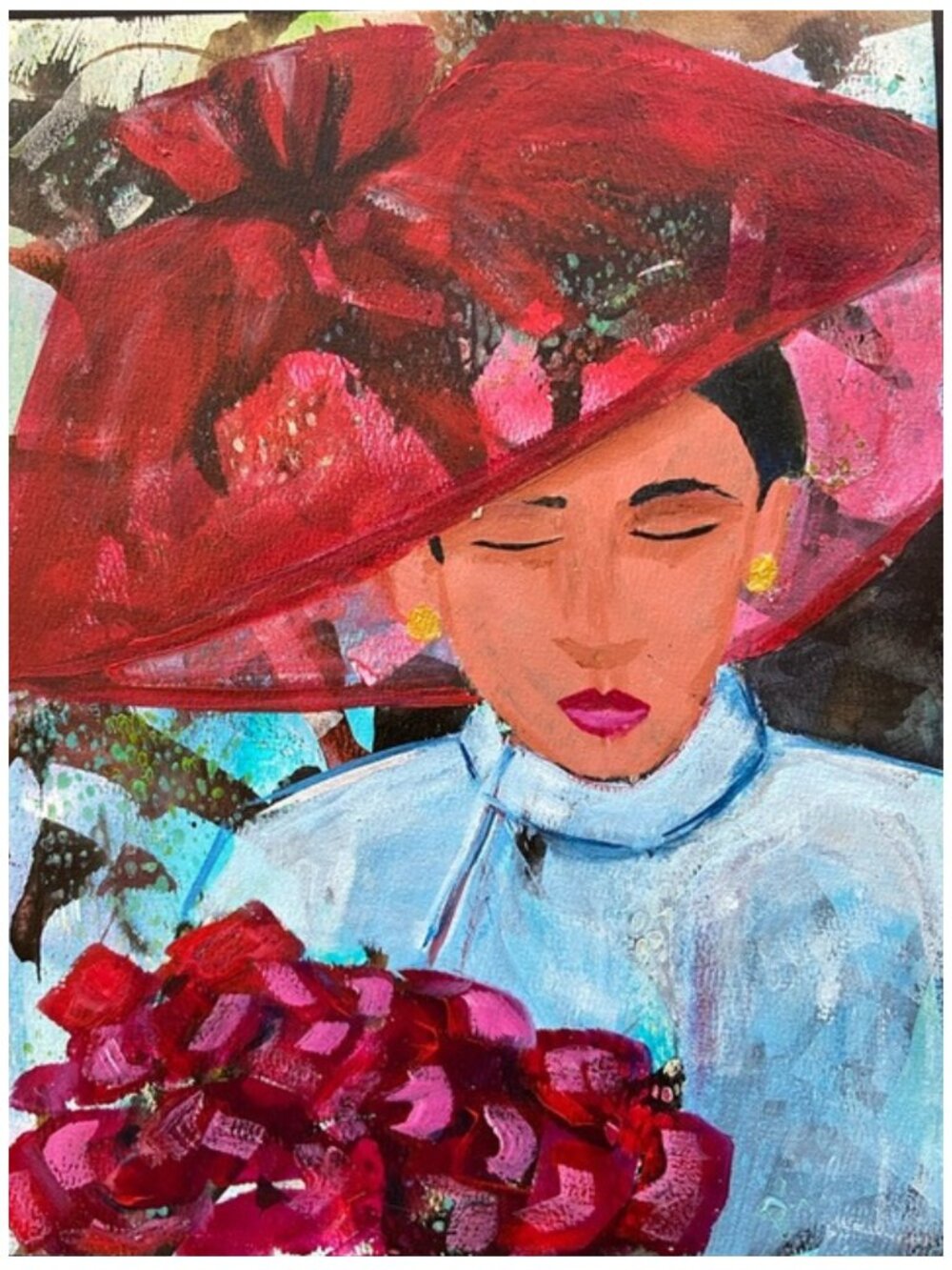 Rose Garden Lady Original Acrylic Painting 11x14 Wooden Panel  Floral Portrait